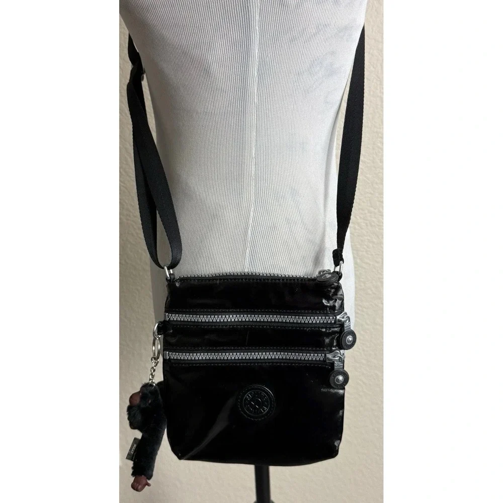 Kipling Alvar Crossbody Bag Small Shiny Black Triple Zip Monkey Charm NEW
